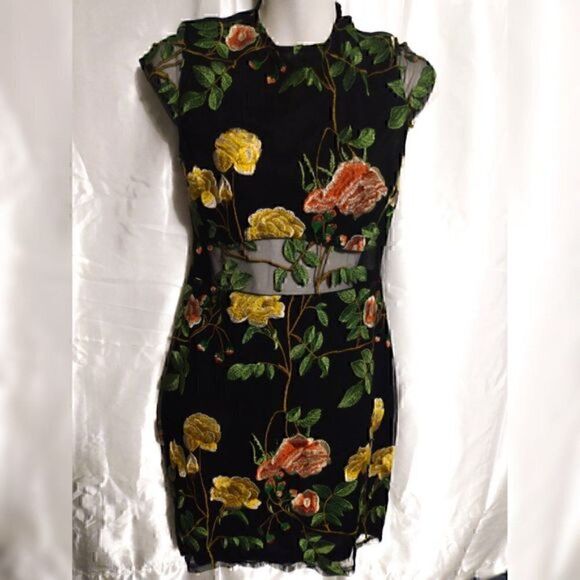 Agaci Floral Mesh Embroidery Bodycon Flower Short Sleeve Mini Dress M - Picture 4 of 8